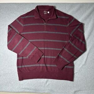 Polo Ralph Lauren Mens Burgundy Gray Stripe Quarter Zip Pullover Sweatshirt L